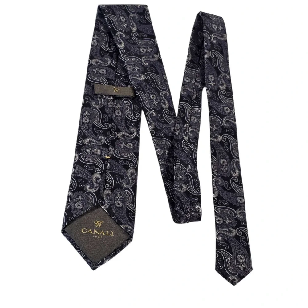CANALI Paisley Silk Tie Black Silver Made‎ in Italy Men's Formal Luxury Power